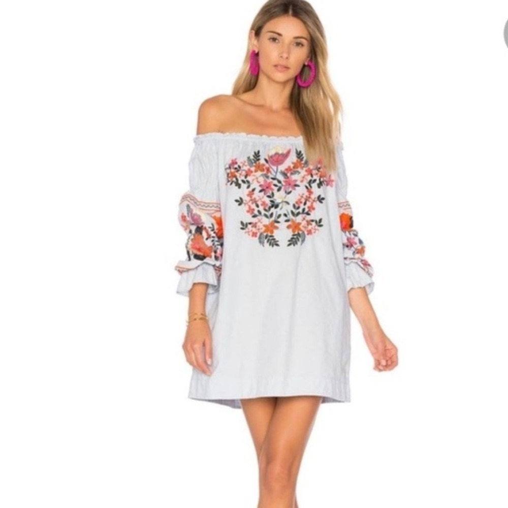 Free People Embroidered Floral Boho Festival Dress Large Cottage Colorful Boxy